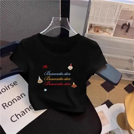 卡通夏季狗狗印花短袖t恤女美式设计感辣妹修身显瘦短款小众上衣商品大图