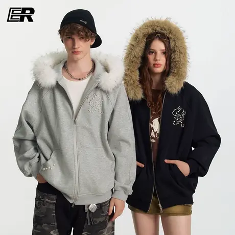 ER大毛领珍珠双拉链开衫卫衣男女秋季高街潮流宽松休闲插肩袖外套图片