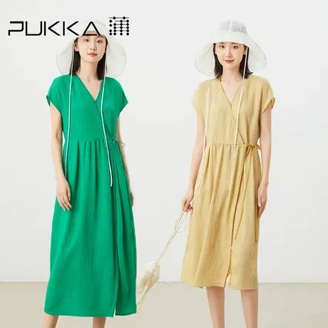 蒲PUKKA原创2023春夏肌理亚麻新中式显瘦V领休闲短袖连衣裙商品大图