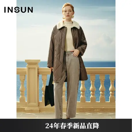 INSUN恩裳专选春季美拉德菱形格骆驼绒绵羊皮羽绒服图片