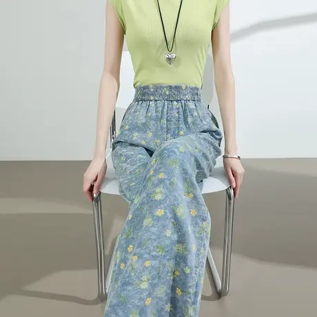 莱赛尔天丝碎花牛仔裤女夏季薄款高腰直筒裤宽松小个子九分阔腿裤商品大图