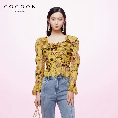 100%桑蚕丝 可可尼COCOON商场同款2024秋冬新款荷叶边褶皱衬衫女图片
