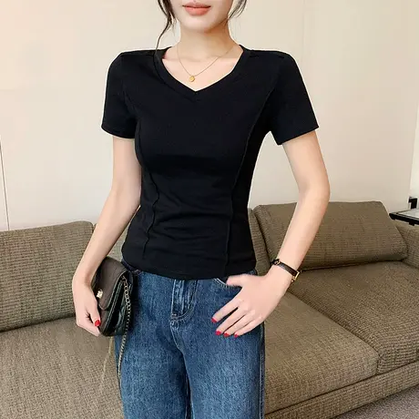 黑色T恤女短袖V领夏季新款修身打底半袖设计感鱼骨内搭纯棉上衣女商品大图