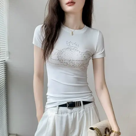 圆领纯色烫钻短袖T恤女2025春夏新款ins外穿修身正肩别致内搭上衣商品大图