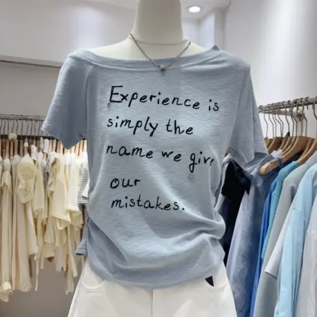 2025夏季新款韩版时尚百搭圆领字母印花斜肩短袖T恤女宽松显瘦潮商品大图