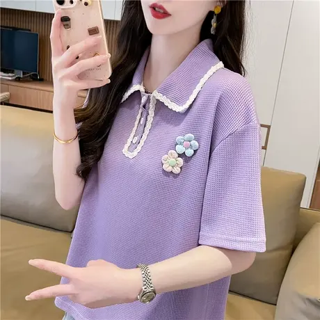 华夫格polo领短袖t恤女2024新款夏季韩版宽松大码小个子短款上衣图片