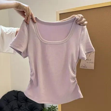 夏季2025新款方领正肩短袖T恤女夏季修身韩版打底衫短款褶皱上衣图片