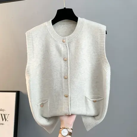 圆领针织马甲女秋冬新款坎肩外搭无袖毛衣口袋开衫叠穿软糯上衣潮商品大图