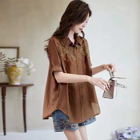 宝诗黎【新品价208元】翻领刺绣拼接短袖衬衫UI1156商品大图