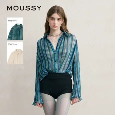 MOUSSY 2025夏季新品复古森系风条纹褶裥雪纺衬衫女010ISS30-8781图片