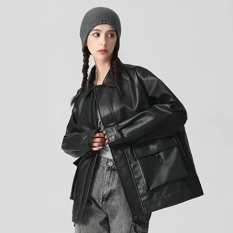 soinku原创潮牌纯色翻领皮衣外套美式复古前卫机车pu百搭春秋季男图片