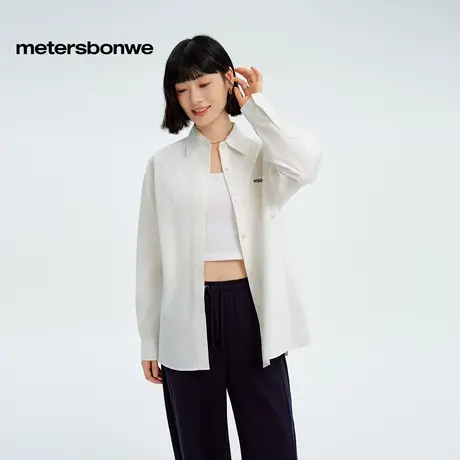美特斯邦威女2025年秋季新款宽松通勤简约印花高密棉两穿长袖衬衫商品大图