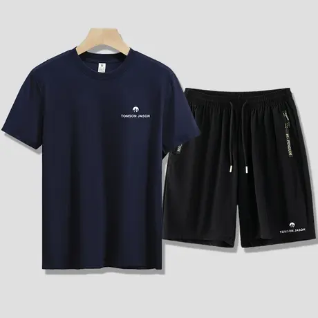 冰丝速干运动套装男士短袖t恤凉感透气休闲短裤宽松五分裤两件套商品大图