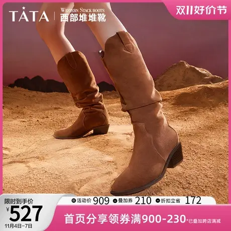 Tata他她V口弹力堆堆靴女粗跟西部牛仔长靴2023冬季新款DWAG1DG3商品大图