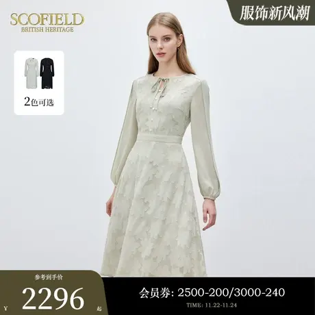 Scofield女装浪漫系带优雅气质收腰提花长袖连衣裙2024春季新款商品大图