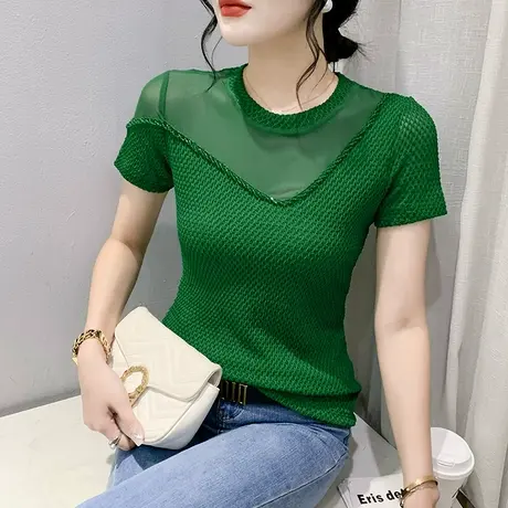 女装2024新款性感网纱T恤短袖时尚纯色百搭修身上衣洋气钉珠小衫图片