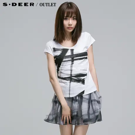 s.deer【 闪购】圣迪奥专柜正品女休闲墨色印染纯棉T恤S14280192图片