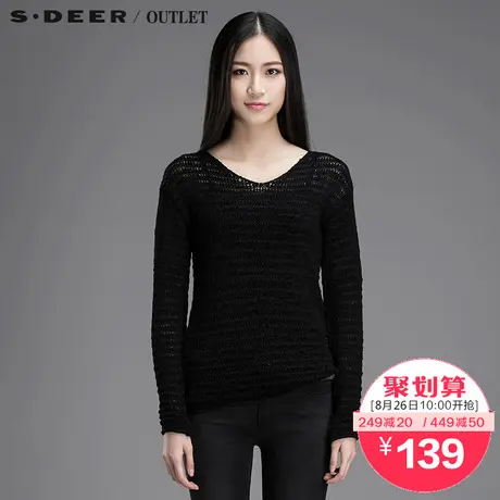 s.deer【上新】圣迪奥女装黑色百搭修身V领针织衫毛衣S15183576图片
