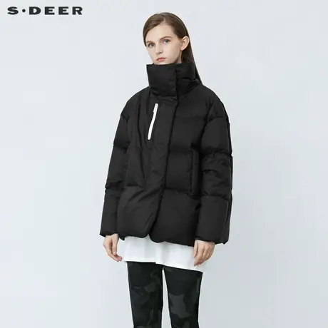 sdeer圣迪奥2021秋冬新品高领撞色字母黑色面包服羽绒服S21462404图片