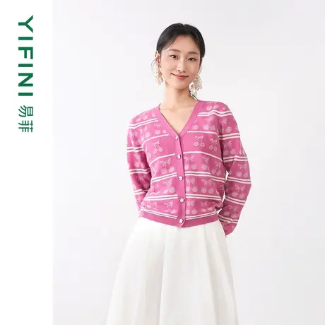 Yifini/易菲宽松V领珠片绣花针织开衫春秋新款提花上衣外套图片