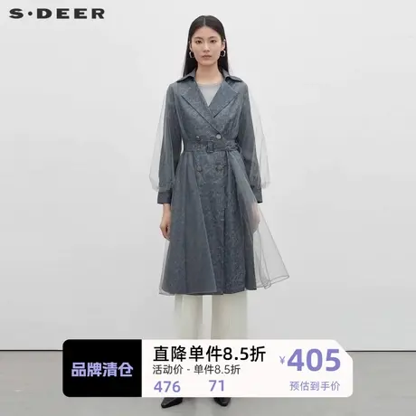 sdeer圣迪奥女装时尚翻领收腰网纱长款风衣S233Z1811图片