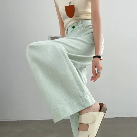 绿色阔腿牛仔裤女夏季薄款长裤纯色高腰宽松显瘦百搭垂感直筒裤子商品大图