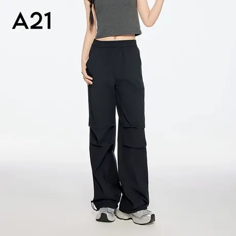A21女装松紧腰薄休闲裤简约长裤褶皱抽绳宽松直筒裤商品大图