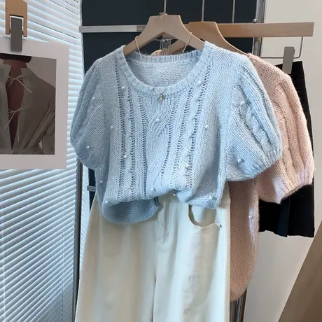 马海毛钉珠圆领针织衫女2025春夏秋新款外穿上衣麻花毛衣短袖t恤商品大图