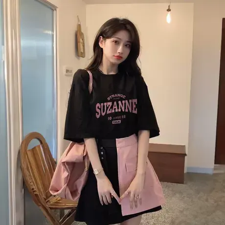 黑粉色短袖t恤女夏季2025新款甜酷风宽松圆领显瘦纯棉半袖上衣女商品大图