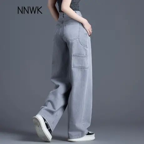 烟灰色牛仔裤女2025新款春秋高腰直筒阔腿裤又a又飒的裤子工装裤商品大图