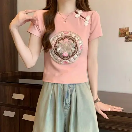 新中式国风盘扣刺绣白色短袖T恤女2025夏季新款爆款修身短款上衣商品大图