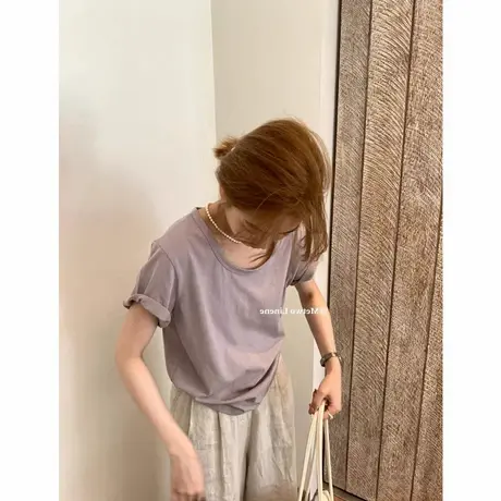 韩版紫色U领短袖t恤女2025夏季新款宽松大领口正肩体恤上衣小个子商品大图