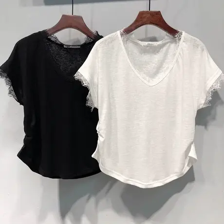 V领蕾丝花边短袖T恤女夏季2025新款宽松韩版打底衫正肩半袖上衣潮商品大图