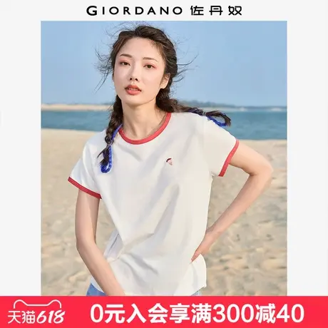 佐丹奴T恤女装纯棉刺绣撞色边甜美元气少女圆领短袖t恤女05322395商品大图