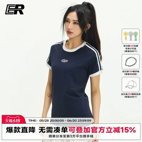ER美式三条杠撞色短袖女T恤夏季新款辣妹修身显瘦休闲半袖上衣图片