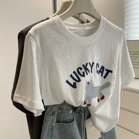 韩系卡通小猫印花短袖t恤女！夏季凉爽雪花棉小个子正肩显瘦圆领T商品大图