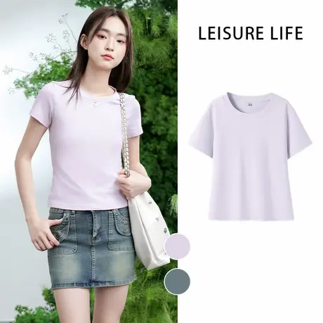 KMV真维斯短袖t恤女士2025新款正肩圆领紧身显瘦休闲运动打底上衣商品大图