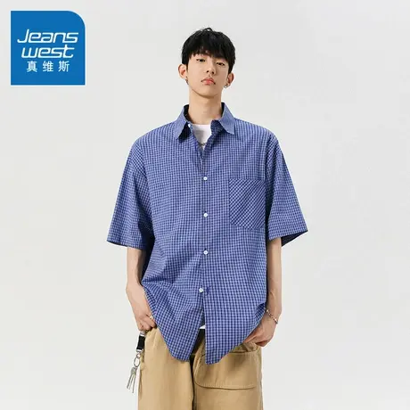 N5真维斯男士短袖衬衫2025夏季新款美式格纹男生休闲宽松百搭衬衣商品大图