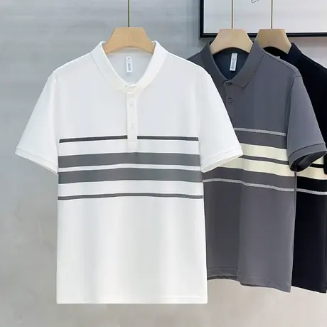 高品质POLO衫男士短袖简潮商务休闲黑白条纹小翻领半袖丝光棉t恤商品大图