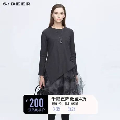 sdeer圣迪奥冬季女装时尚休闲圆领印花拼接网纱连衣裙S20481223💮商品大图