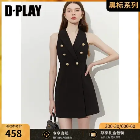 DPLAY黑标2023夏气质通勤经典黑戗驳领双排扣西装挂脖无袖连衣裙图片