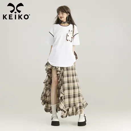 KEIKO 可爱小奶牛口袋白色短袖t恤夏季贝壳包边绣花纯棉半袖上衣图片