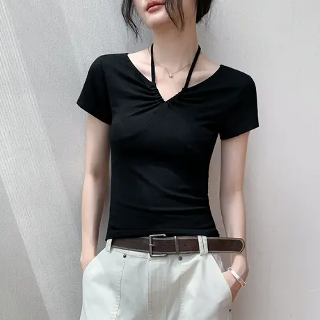 歌倍尚挂脖V领正肩短袖T恤女2025夏季修身显瘦甜辣小众设计感上衣图片
