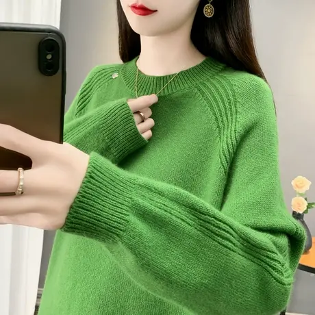 简约纯色针织衫女秋冬新款韩版圆领插肩袖小亮片高档毛衣打底衫厚商品大图