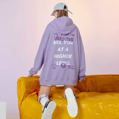 YEP紫色连帽高级感超好看的卫衣女网红炸街欧货大版宽松上衣ins潮商品大图