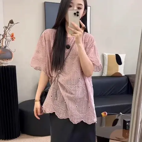 法式钩花镂空蕾丝短袖衬衫女2025夏季新款慵懒宽松百搭中长款上衣商品大图