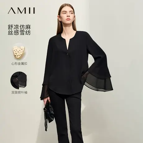 Amii极简雪纺衫女2025夏新款宽松小衫V领双层荷叶袖正肩长袖上衣图片