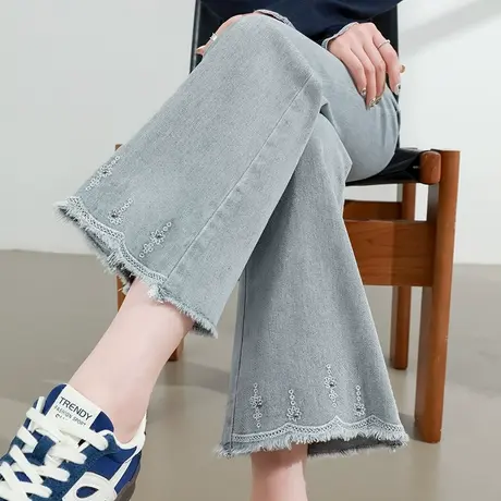 毛边刺绣微喇牛仔裤女夏季薄款高腰修身显瘦灰色九分小个子喇叭裤图片