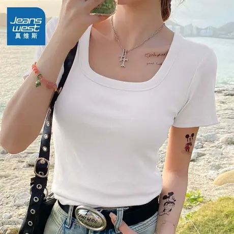 KMV真维斯白色方领短袖t恤女2025新款纯棉正肩小个子半袖短款上衣图片