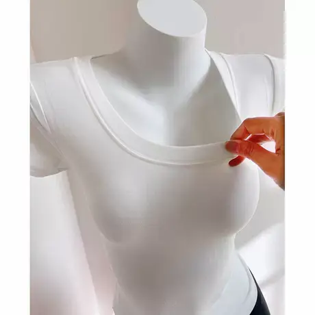 韩国ins网红圆领短袖白色T恤女修身显胸弹力大领口亮色上衣~多色商品大图